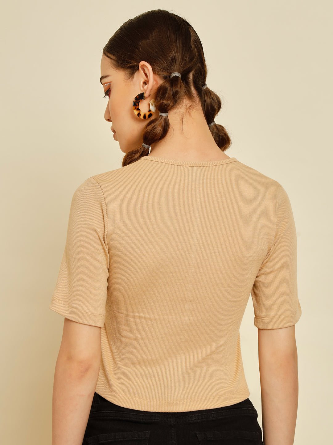 Stacked Flame Casual Regular Sleeves Solid Women Beige Top