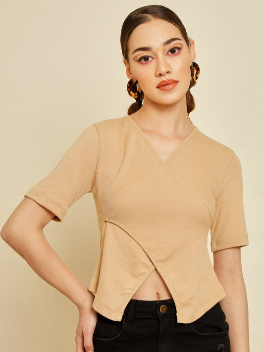 Stacked Flame Casual Regular Sleeves Solid Women Beige Top