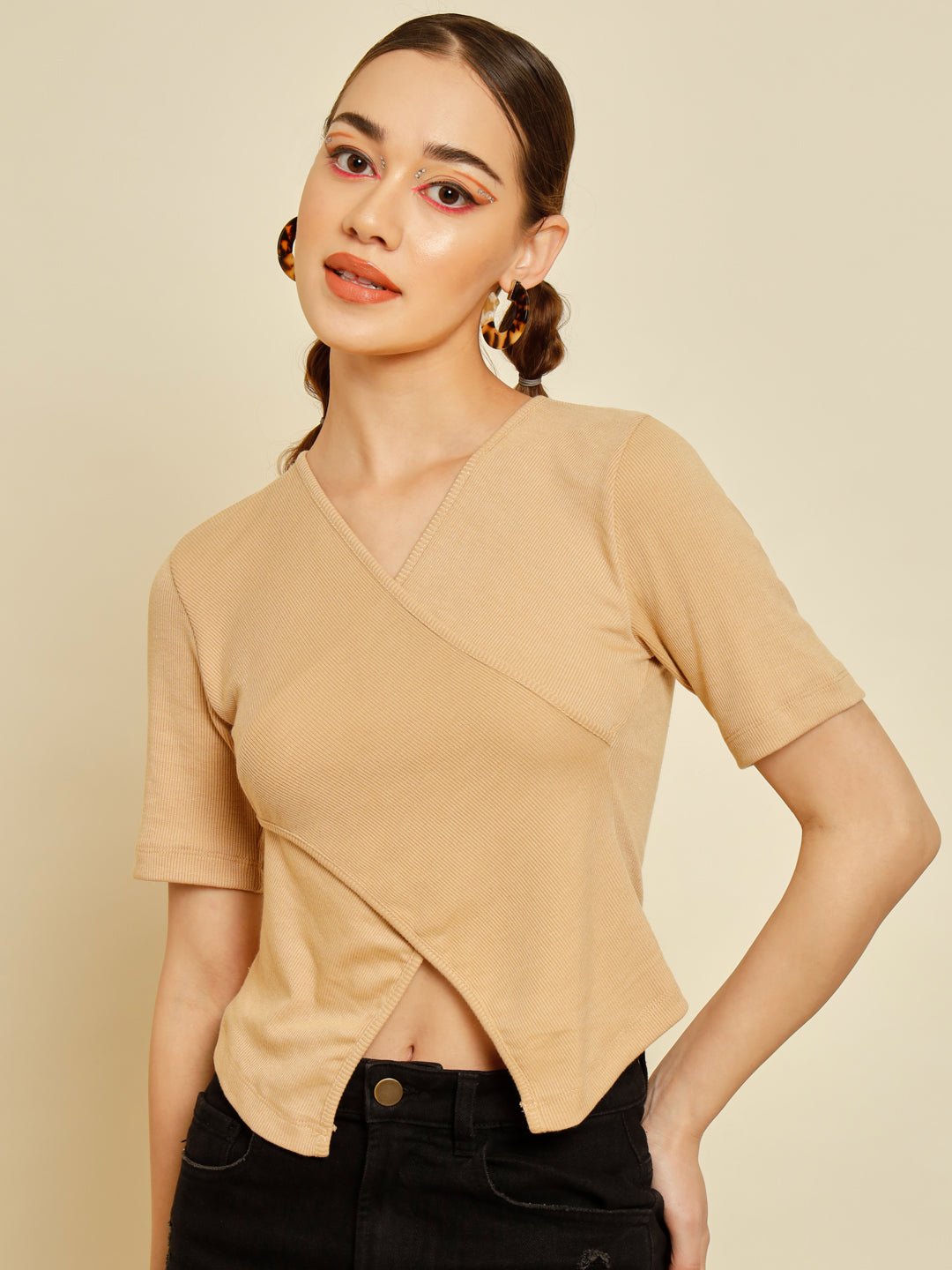Stacked Flame Casual Regular Sleeves Solid Women Beige Top