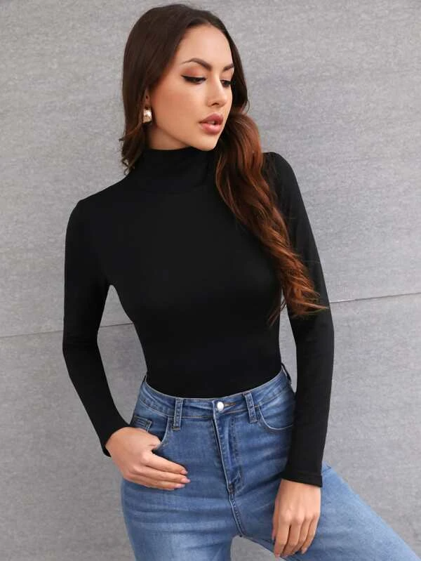 TANDUL Women Solid High Neck Black Sweater