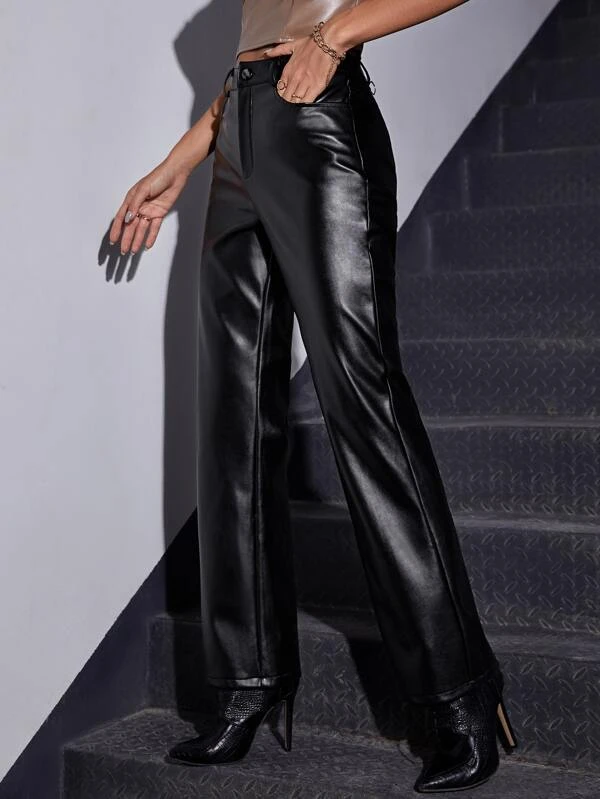 Stacked Flame Women Regular Fit Black Faux Leather Trousers
