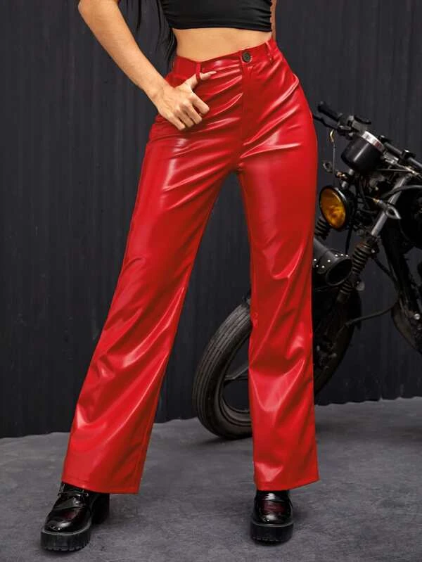 Stacked Flame Women Regular Fit Red Faux Leather Trousers