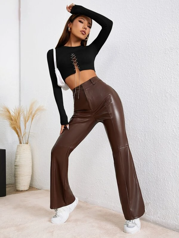 Stacked Flame Women Regular Fit Brown Faux Leather Trousers
