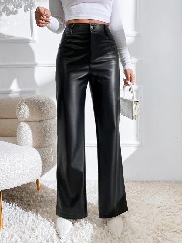 Stacked Flame Women Regular Fit Black Faux Leather Trousers
