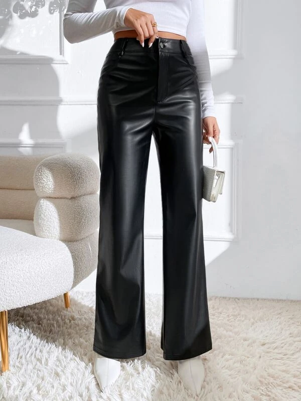 Stacked Flame Women Regular Fit Black Faux Leather Trousers