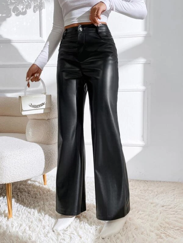 Stacked Flame Women Regular Fit Black Faux Leather Trousers