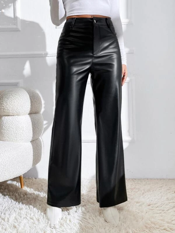 Stacked Flame Women Regular Fit Black Faux Leather Trousers
