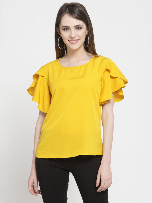 ZARVEY Casual Petal Sleeve Solid Women Yellow Top