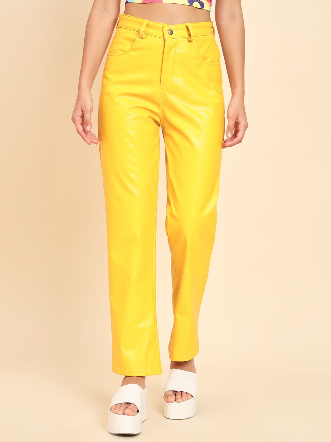 Stacked Flame Women Regular Fit Yellow Faux Leather Trousers