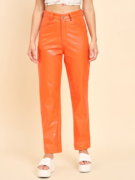 TANDUL Women Regular Fit Orange Faux Leather Trousers