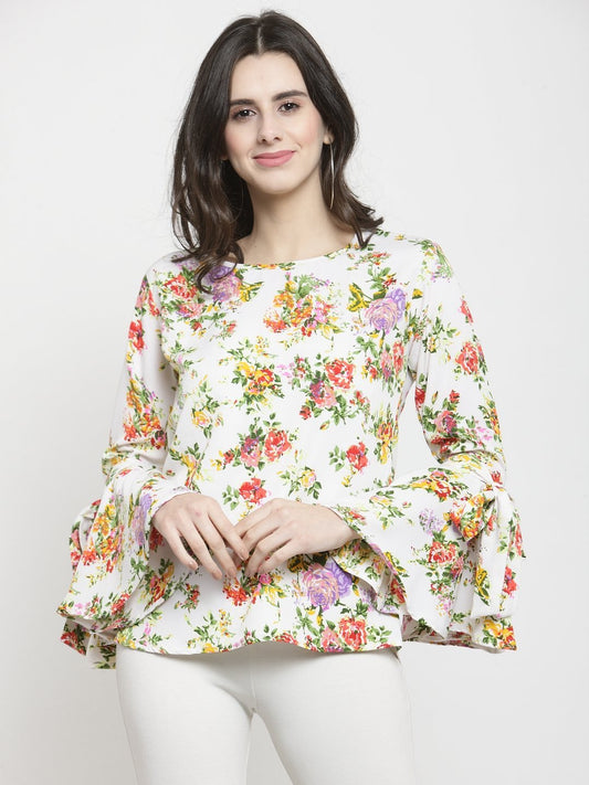 ZARVEY Casual Bell Sleeve Printed Women White Top