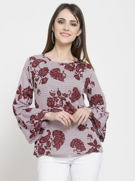 ZARVEY Casual Bell Sleeve Printed Women White, Maroon Top