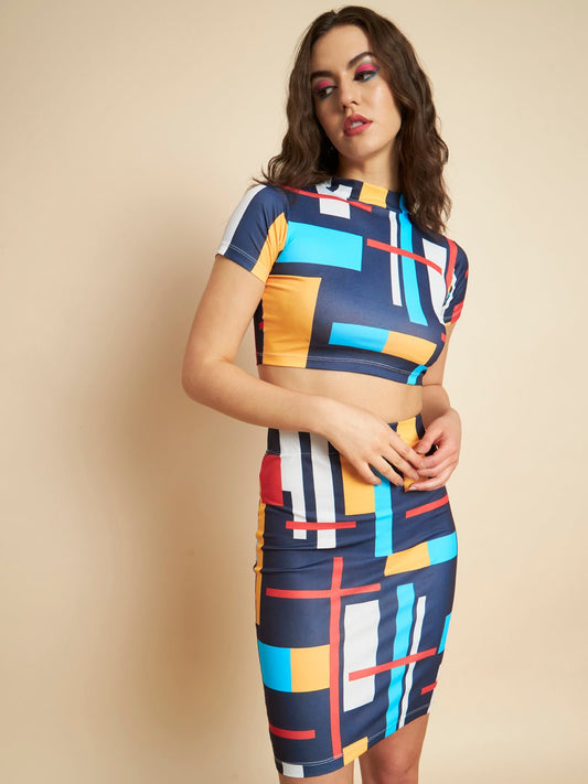 Stacked Flame Women Geometric Print Crop Top and Skirt Set Two Piece Dress