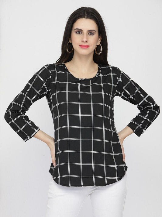 ZARVEY Casual Regular Sleeve Printed, Checkered Women Black Top