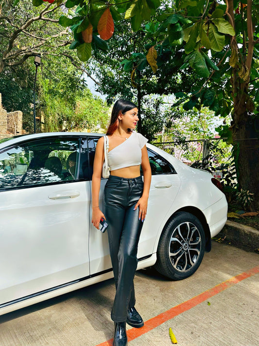 Women Regular Fit Black Faux Leather Trousers