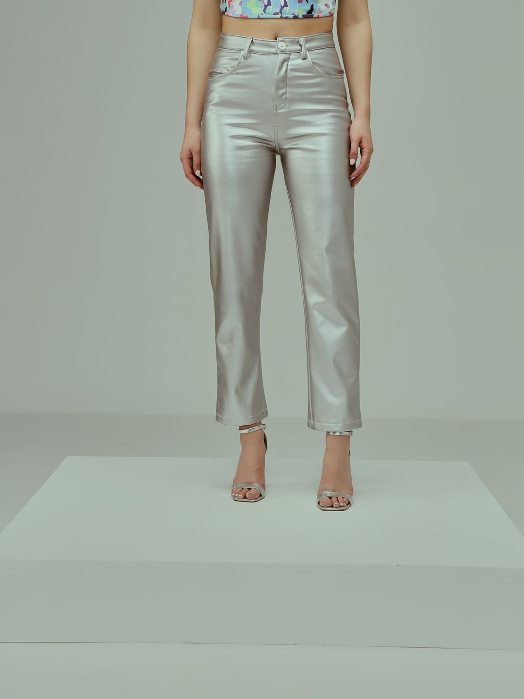 Stacked Flame Women Regular Fit Silver Faux Leather Trousers