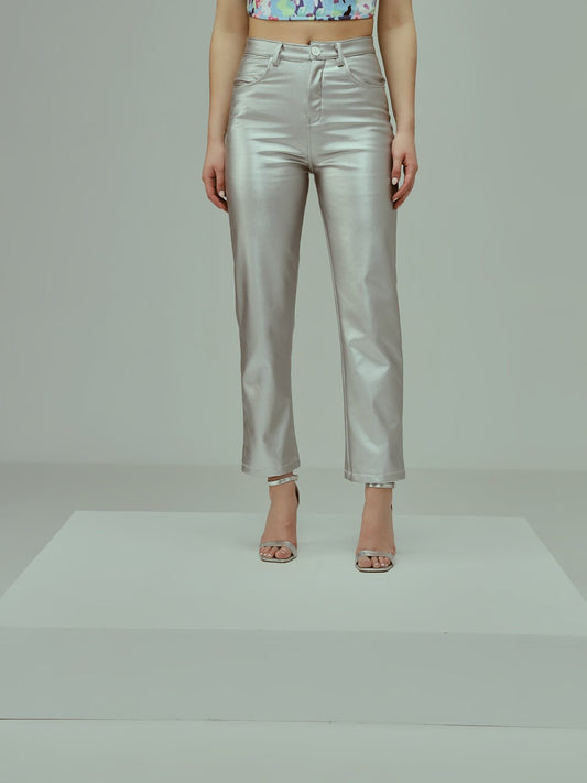 Stacked Flame Women Regular Fit Silver Faux Leather Trousers