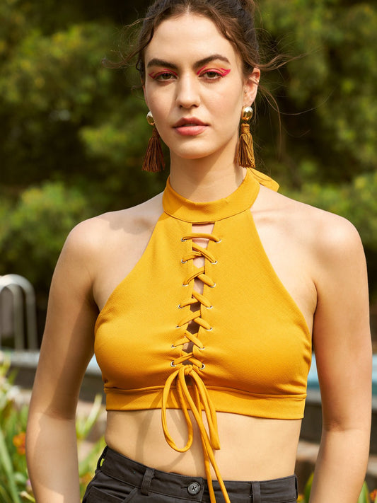 Casual Sleeveless Solid Women Yellow Top