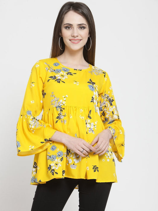 ZARVEY Casual Bell Sleeve Printed Women White, Grey, Yellow Top