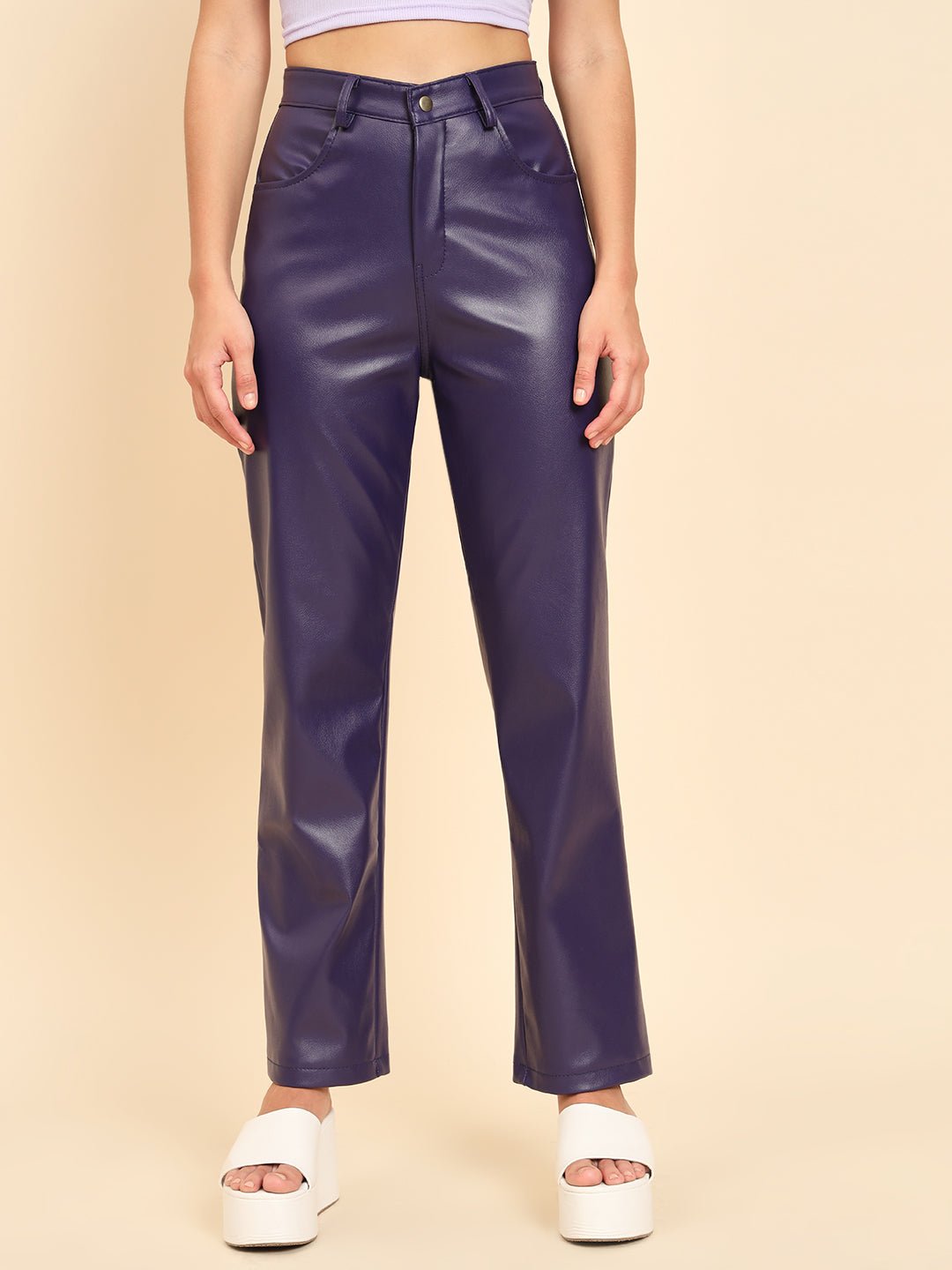 Stacked Flame Women Regular Fit Blue Faux Leather Trousers
