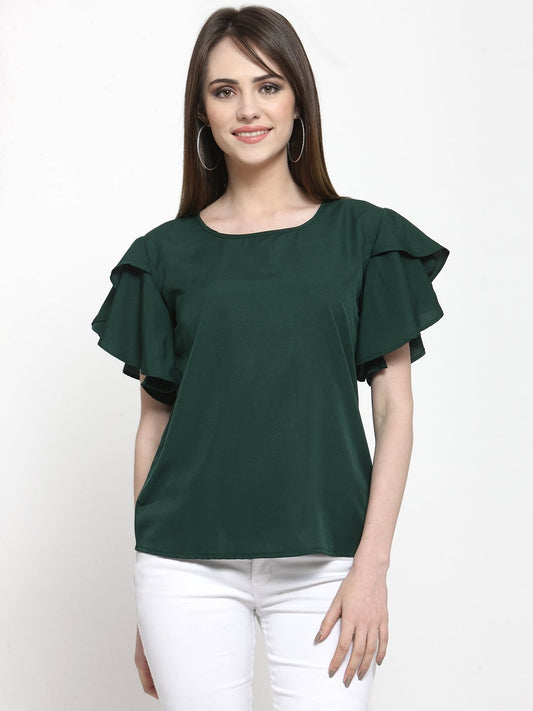 ZARVEY Casual Petal Sleeve Solid Women Dark Green Top