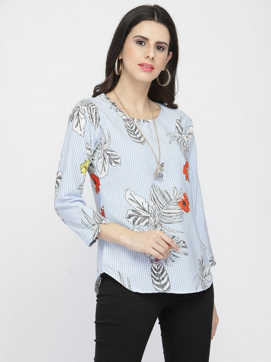 ZARVEY Casual Regular Sleeve Printed, Floral Print Women Light Blue, White Top