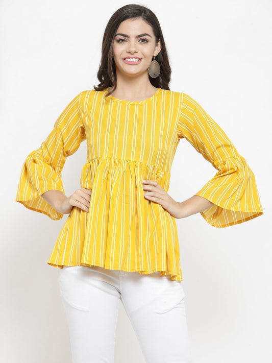 ZARVEY Casual Bell Sleeve Striped Women Yellow Top