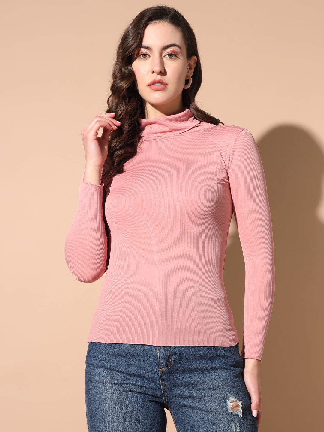 TANDUL Women Solid High Neck Pink Sweater