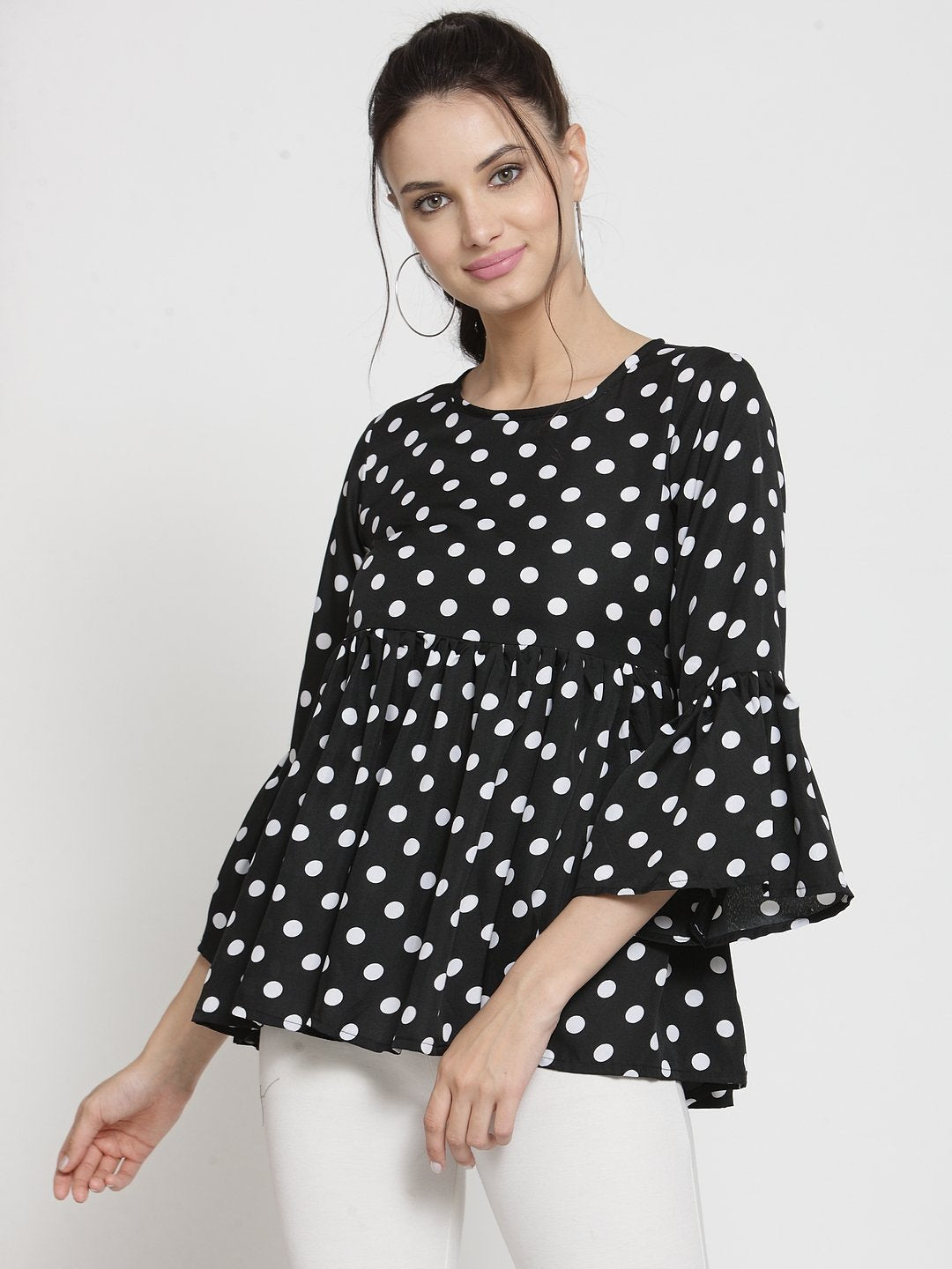 ZARVEY Casual Bell Sleeve Printed Women White, Black Top