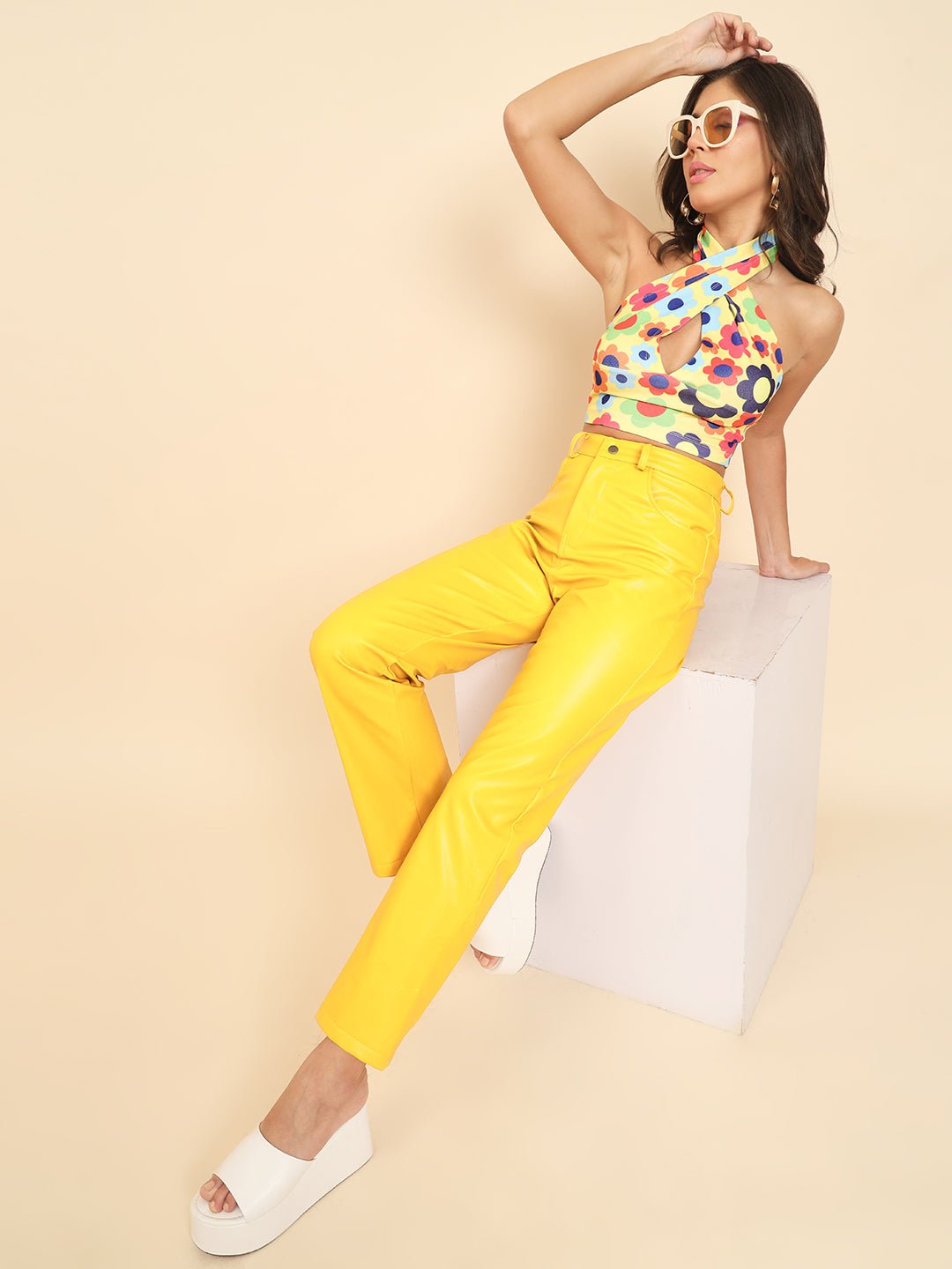 Stacked Flame Women Regular Fit Yellow Faux Leather Trousers