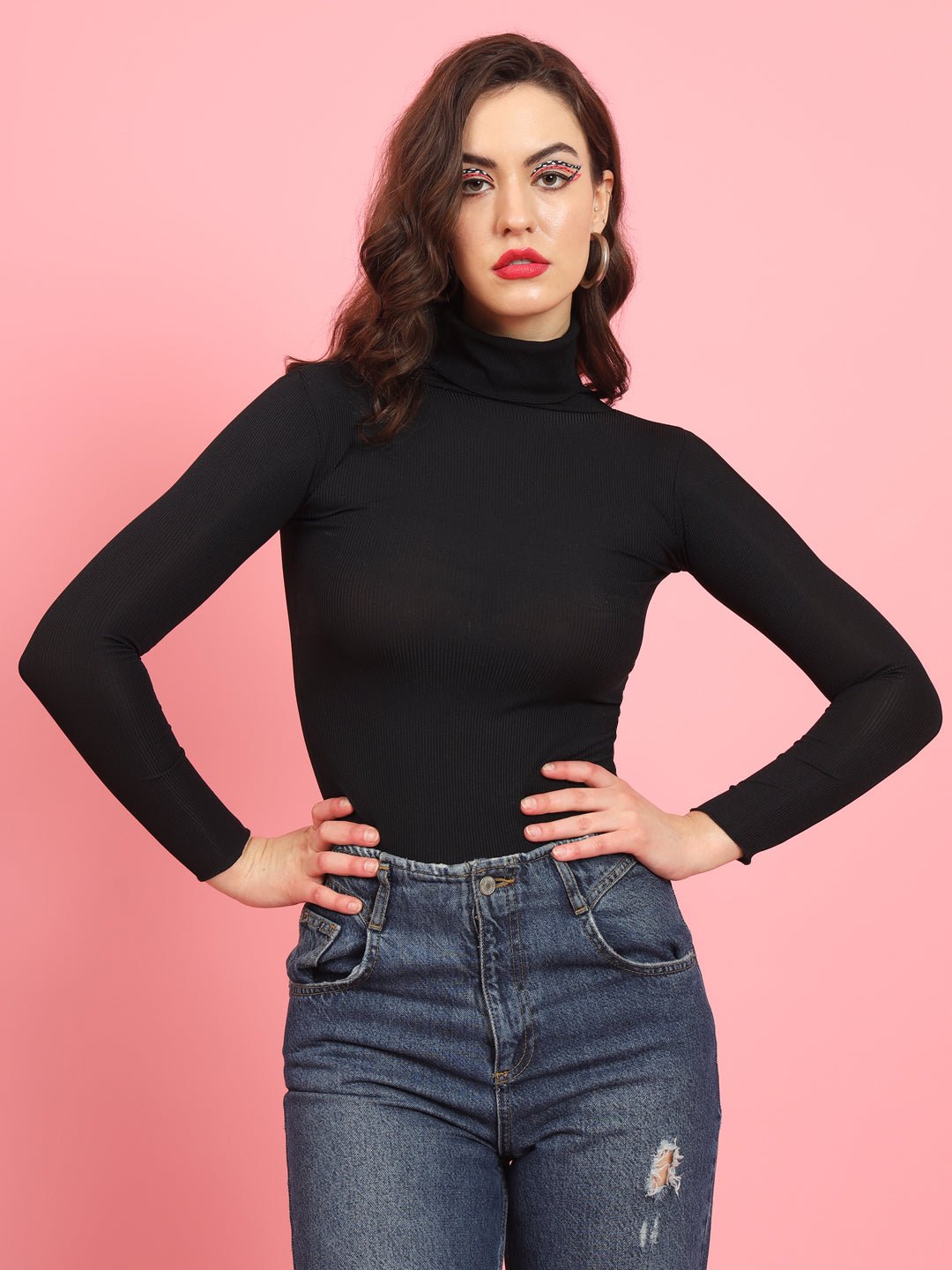 TANDUL  Women Solid High Neck Black Sweater