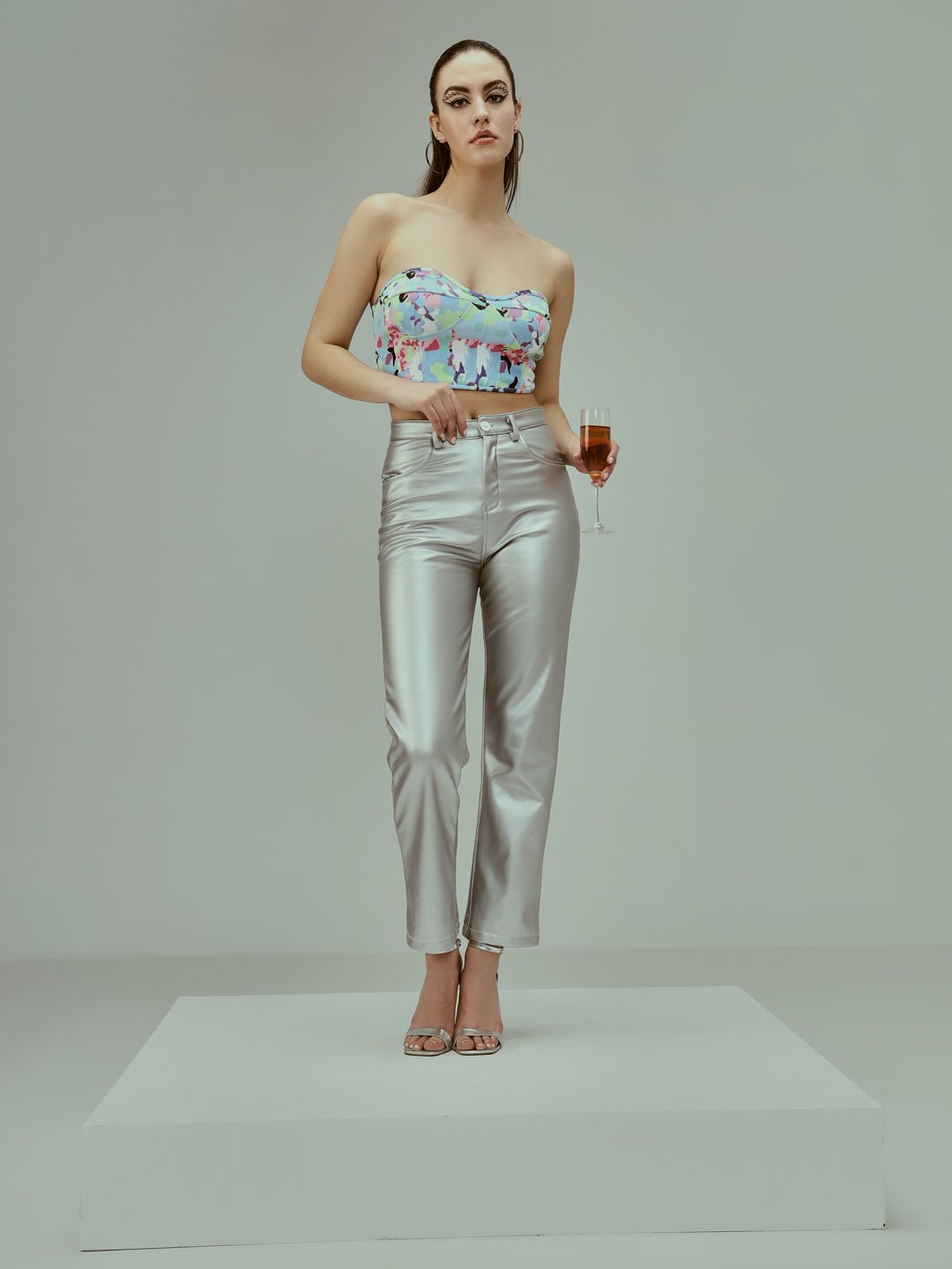 Stacked Flame Women Regular Fit Silver Faux Leather Trousers