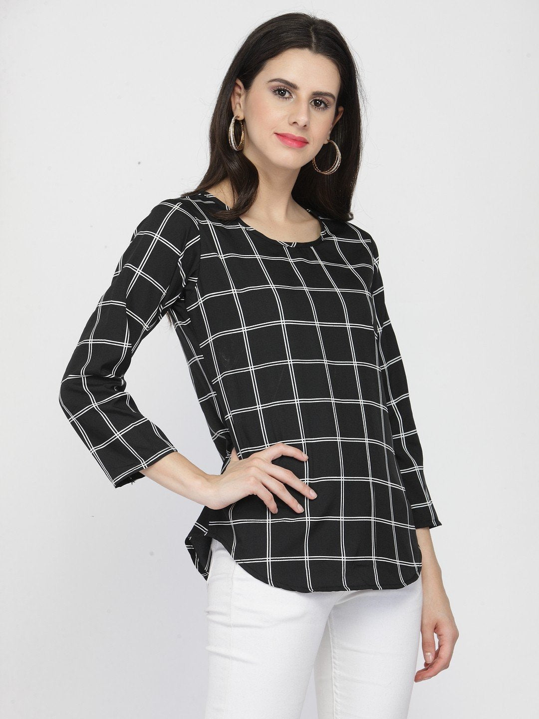 ZARVEY Casual Regular Sleeve Printed, Checkered Women Black Top