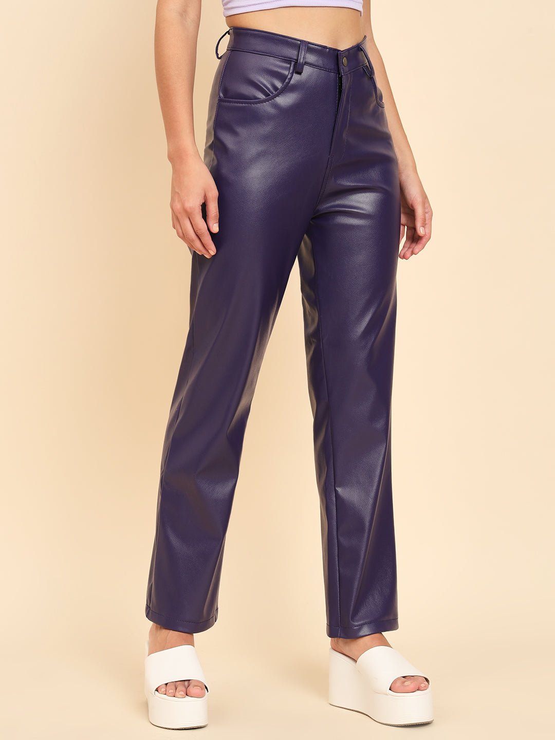 Stacked Flame Women Regular Fit Blue Faux Leather Trousers