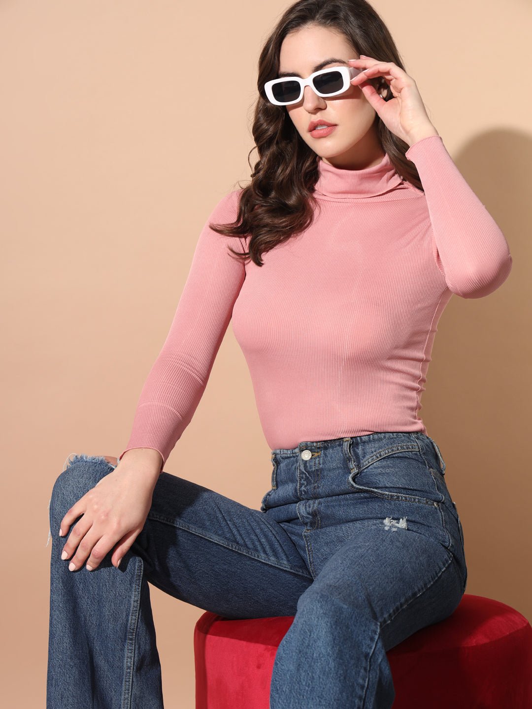 TANDUL Women Solid High Neck Pink Sweater