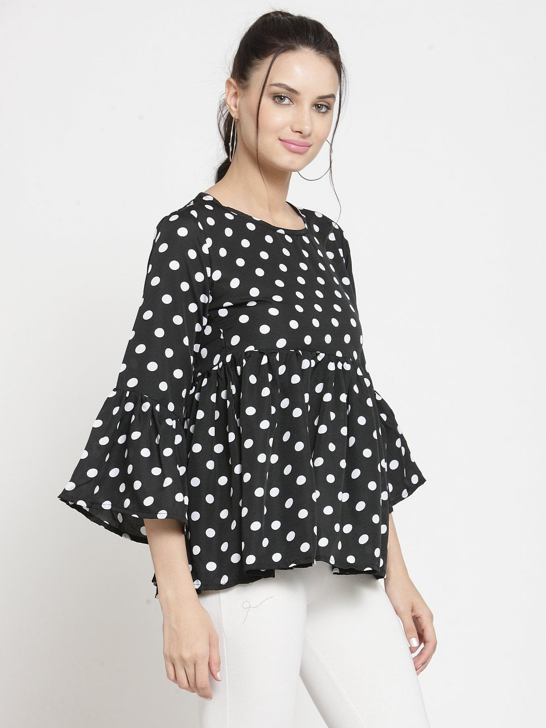 ZARVEY Casual Bell Sleeve Printed Women White, Black Top