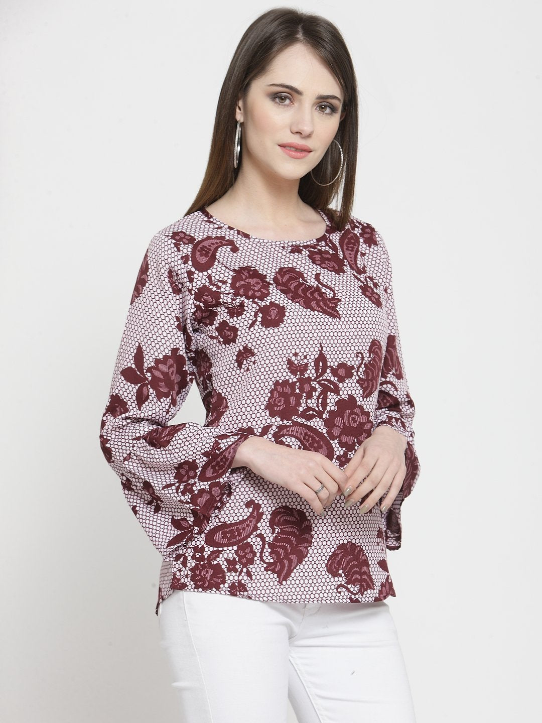 ZARVEY Casual Bell Sleeve Printed Women White, Maroon Top