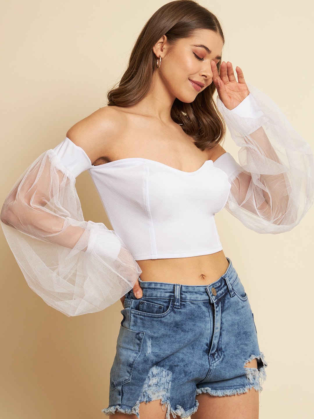 Casual Bishop Sleeve Solid Women White Top