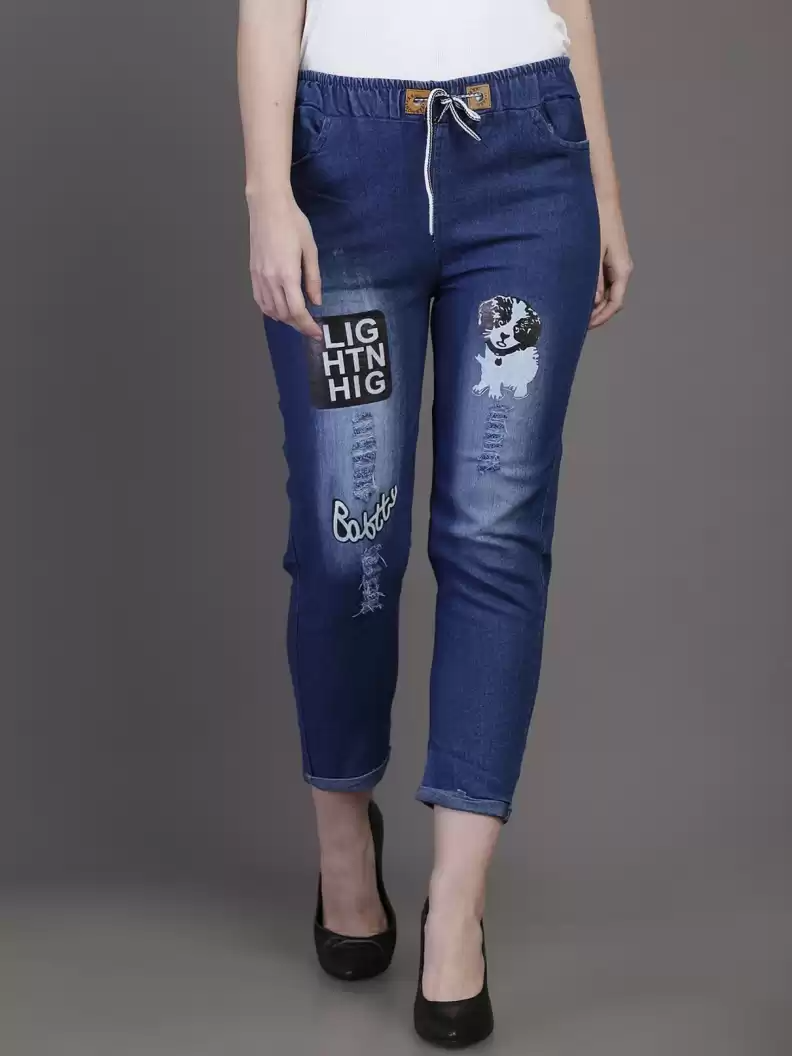 Stacked Flame Jogger Fit Women Blue Jeans