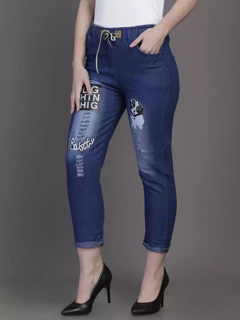 Stacked Flame Jogger Fit Women Blue Jeans