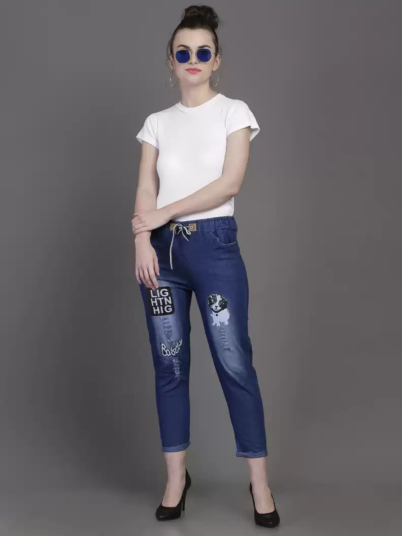 Stacked Flame Jogger Fit Women Blue Jeans