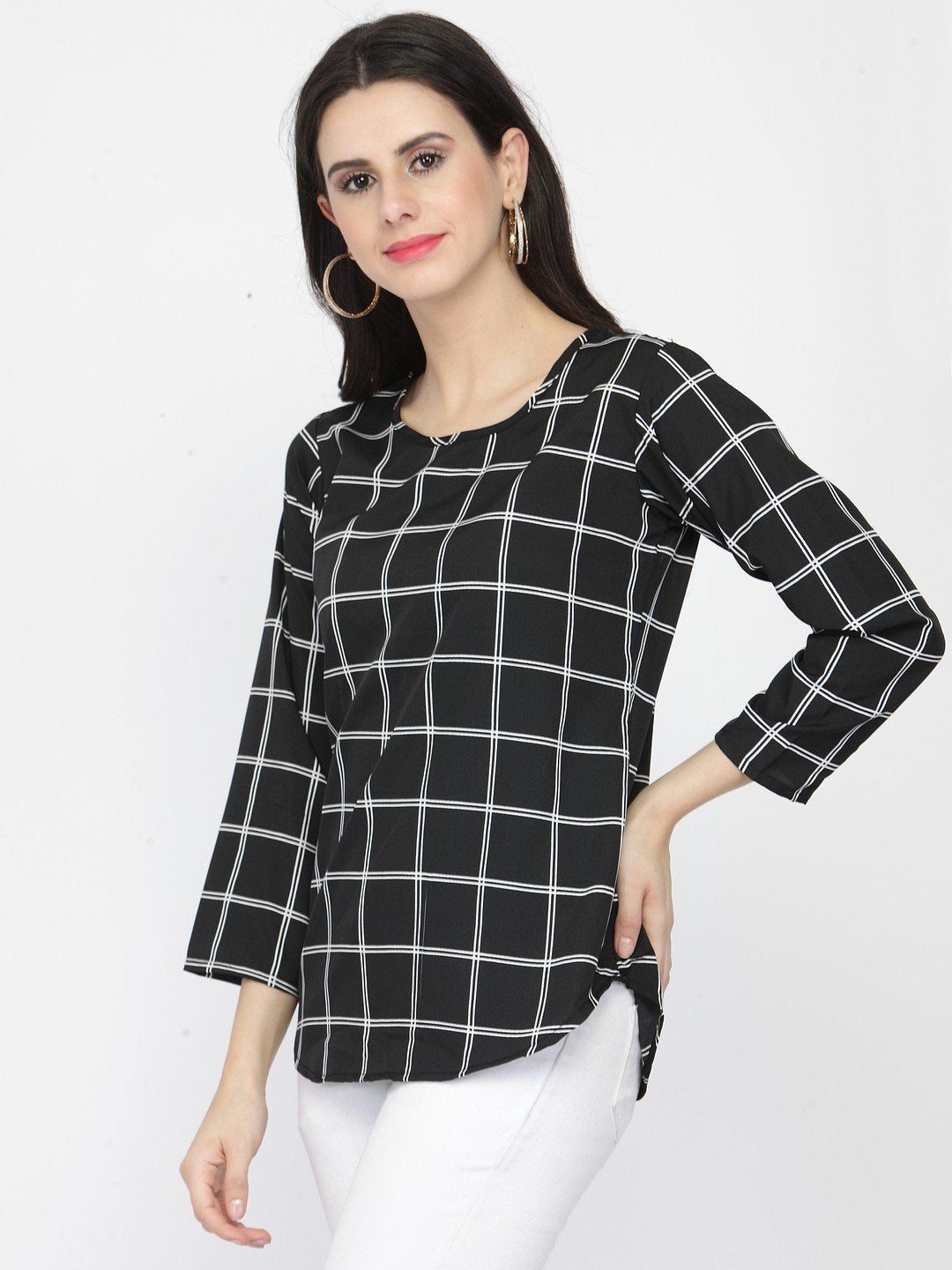 ZARVEY Casual Regular Sleeve Printed, Checkered Women Black Top