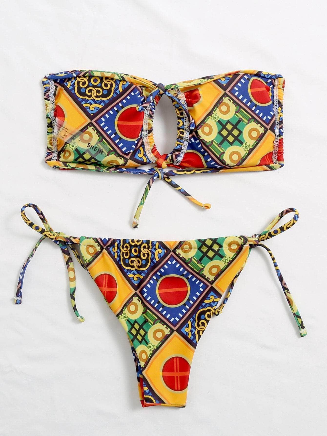 ELTIRE Multicolor Two Piece Bandeau Self Tie Bikini Swimsuit