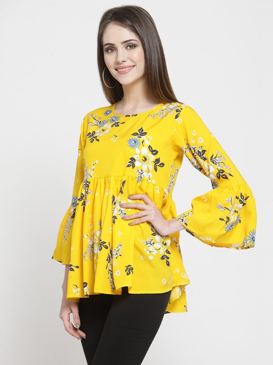 ZARVEY Casual Bell Sleeve Printed Women White, Grey, Yellow Top