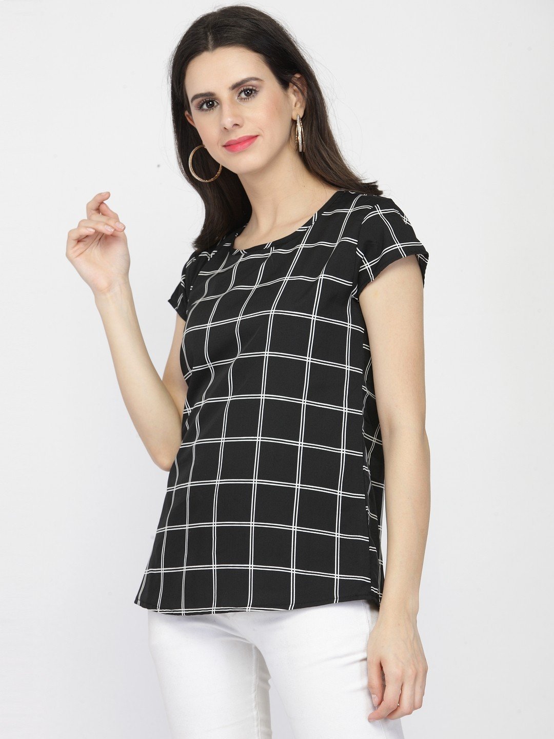 ZARVEY Casual Regular Sleeve Checkered Women Black Top