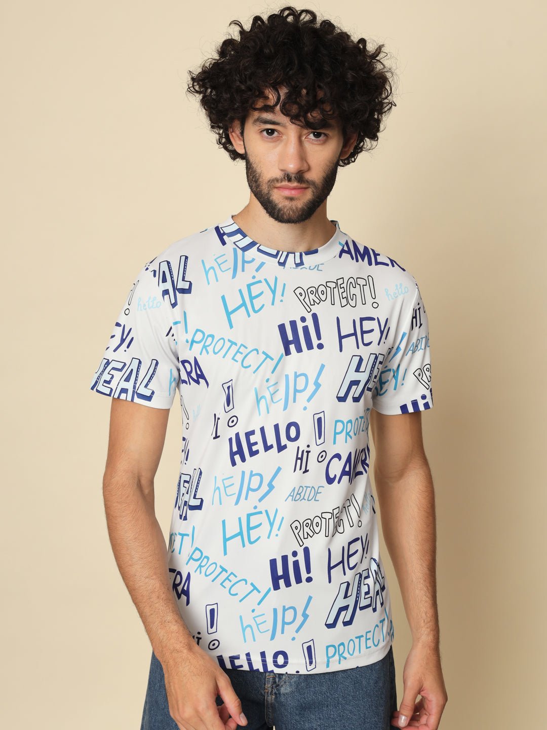 Men Typography Round Neck Polyester Multicolor T-Shirt