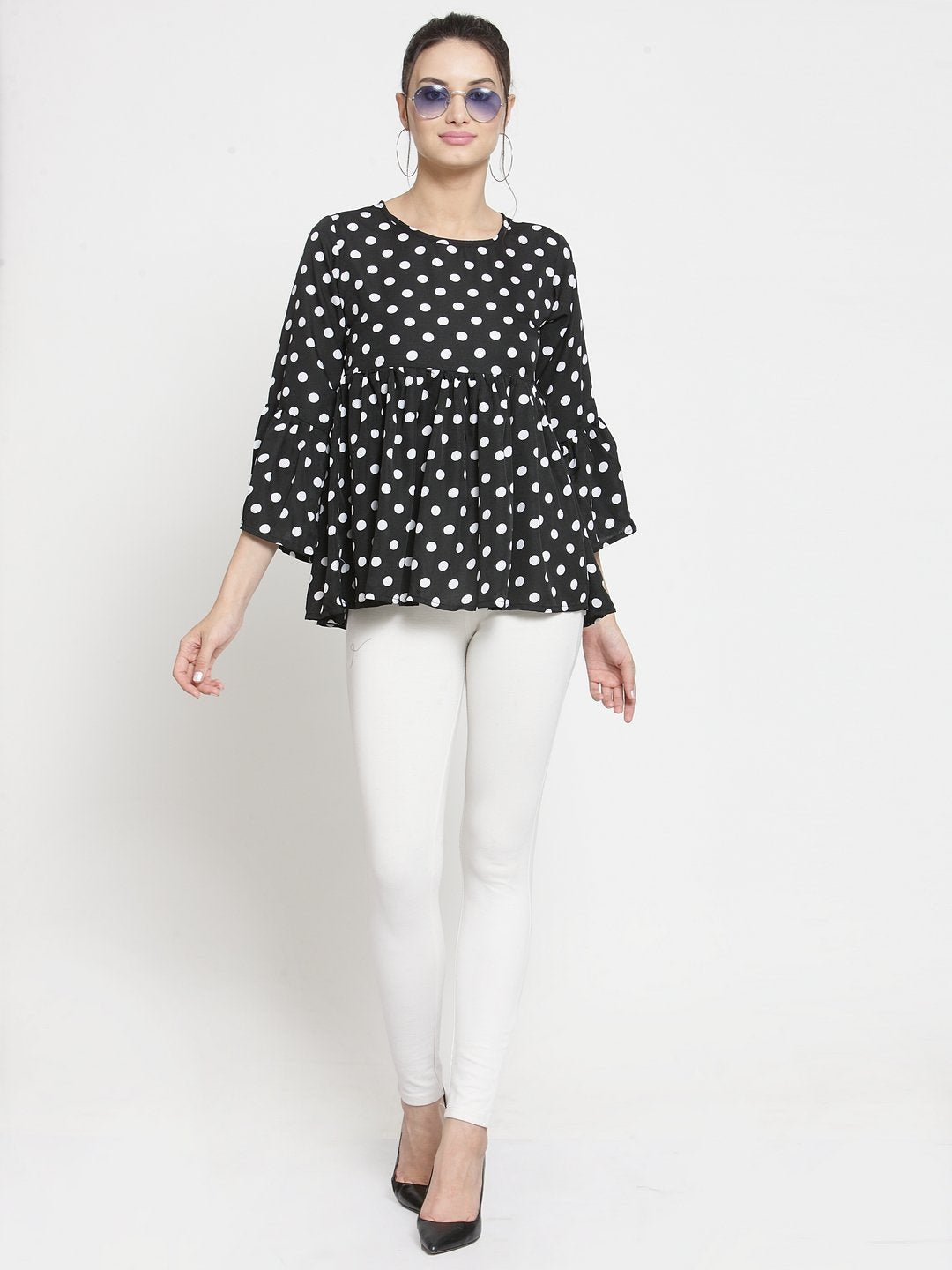 ZARVEY Casual Bell Sleeve Printed Women White, Black Top
