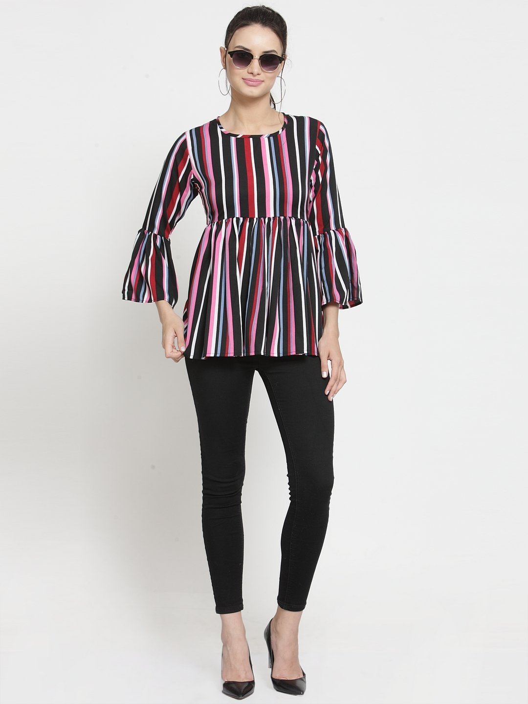 ZARVEY Casual Bell Sleeve Striped Women Multicolor Top
