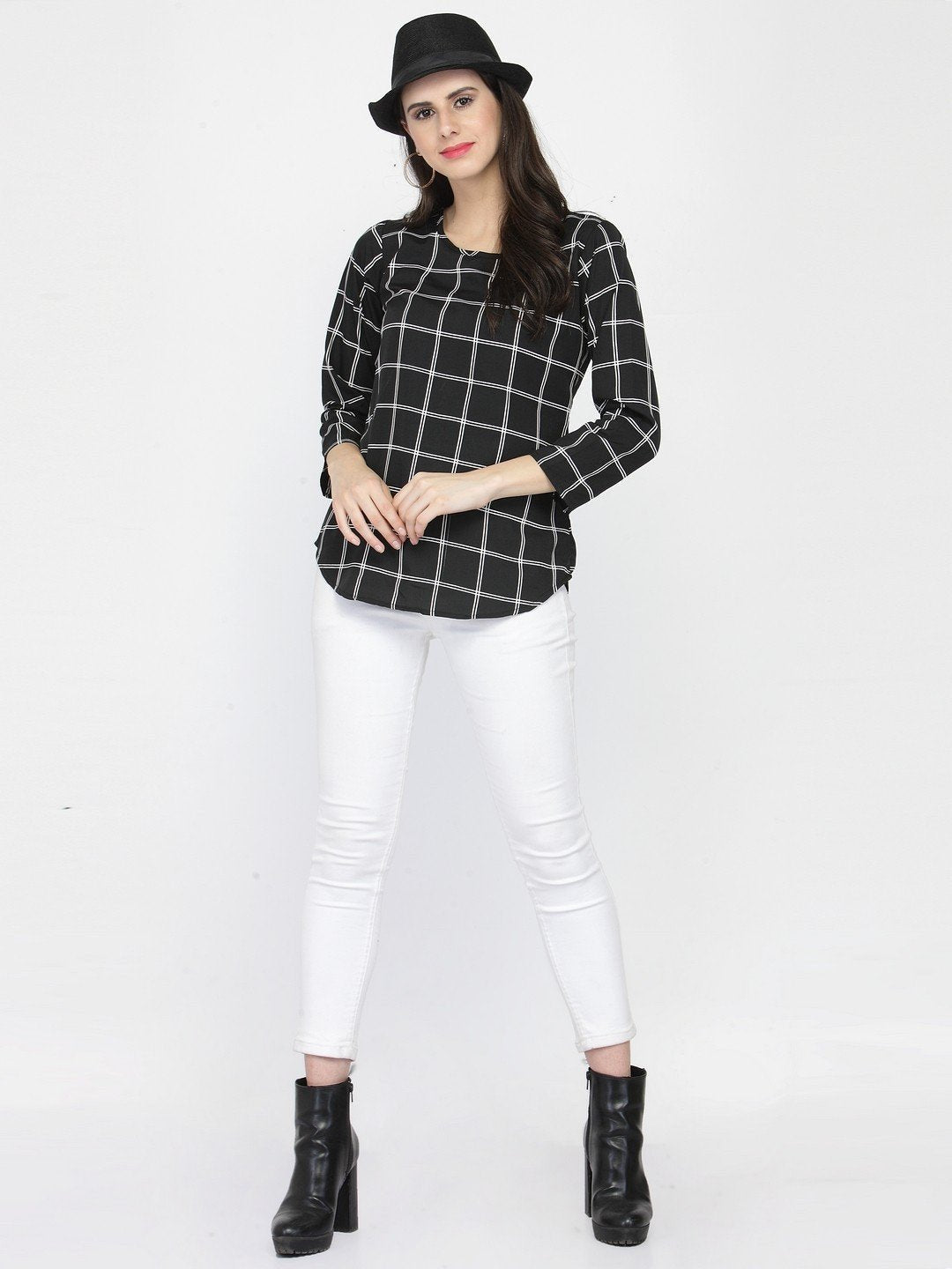 ZARVEY Casual Regular Sleeve Printed, Checkered Women Black Top
