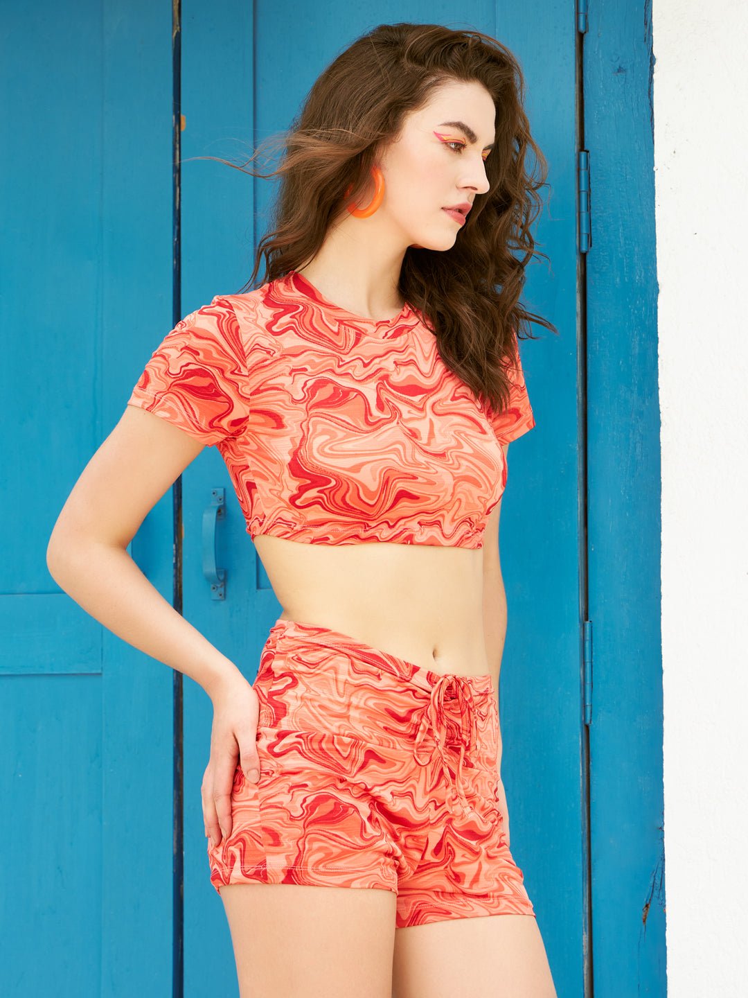 Stacked Flame Vibrant Red Swirl Print Crop Top and Shorts Set